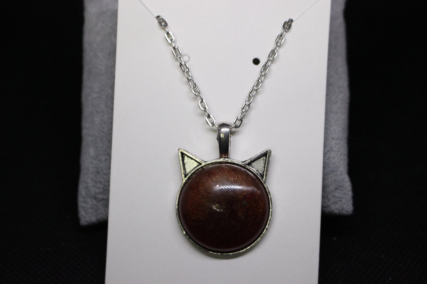 Silver Cat Head Pendant Necklace With Brown Stone Charm