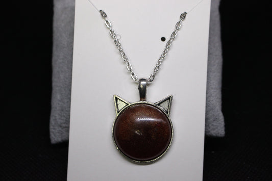 Silver Cat Head Pendant Necklace With Brown Stone Charm