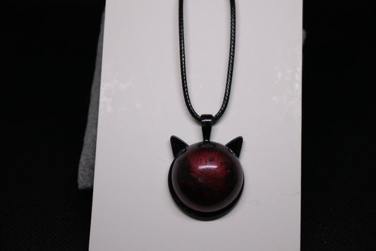Black Cat Head Pendant Necklace with Red Stone Accent