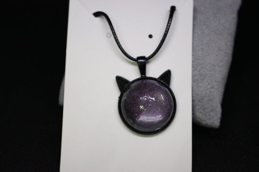 Black Cat Head Pendant Necklace With Purple Stone 1 Inch