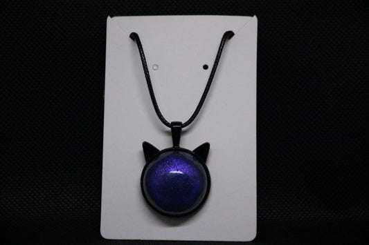 Black Cat Head Pendant Necklace with Purple Stone