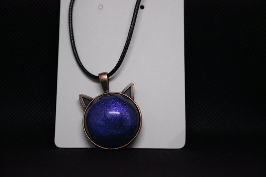 Black Cat Head Pendant Necklace with Purple Stone