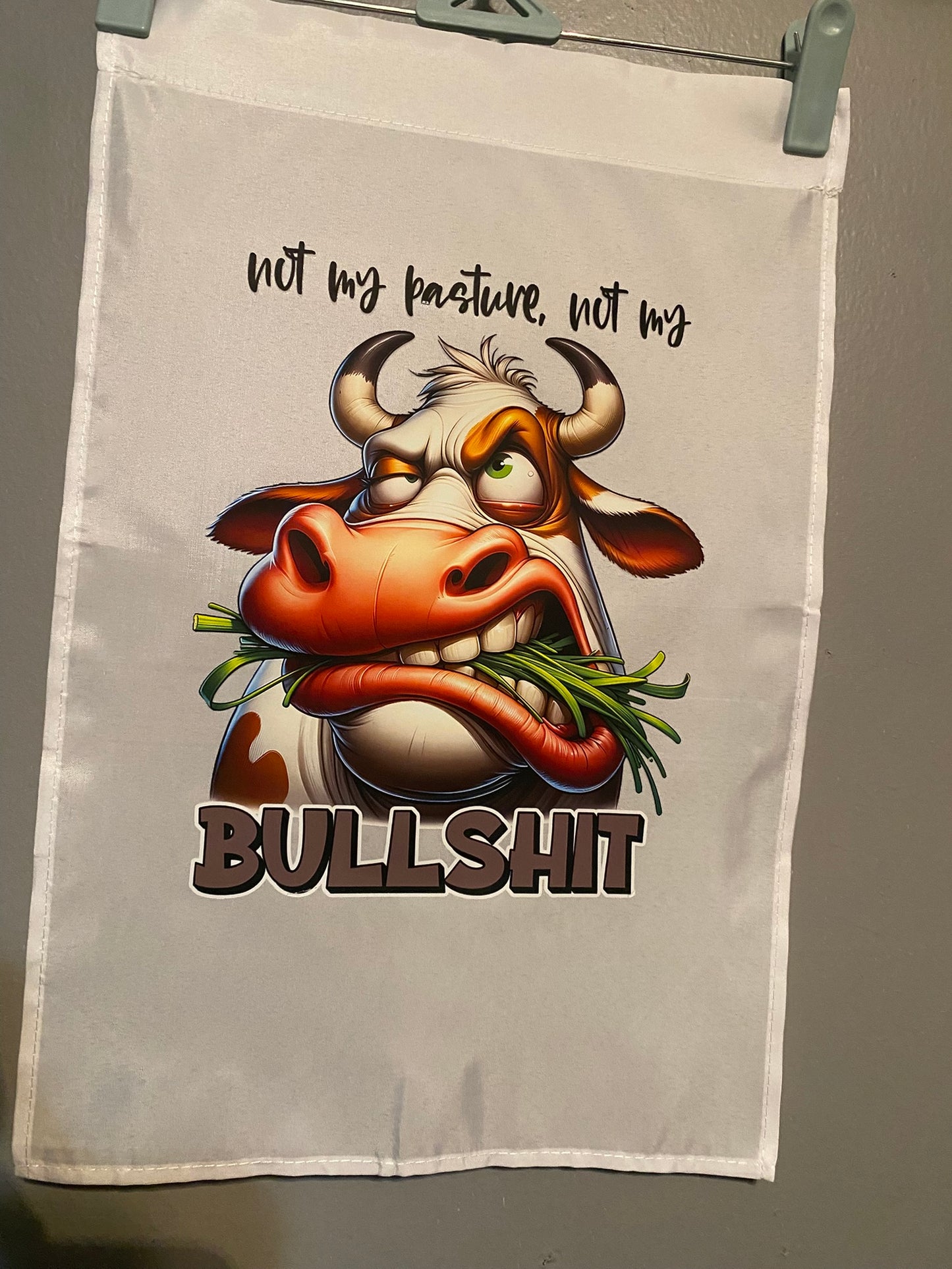 Decorate your outdoor space with the Not My Pasture Cow Garden Flag for Outdoor Decor Delight, featuring a humorous cow design.