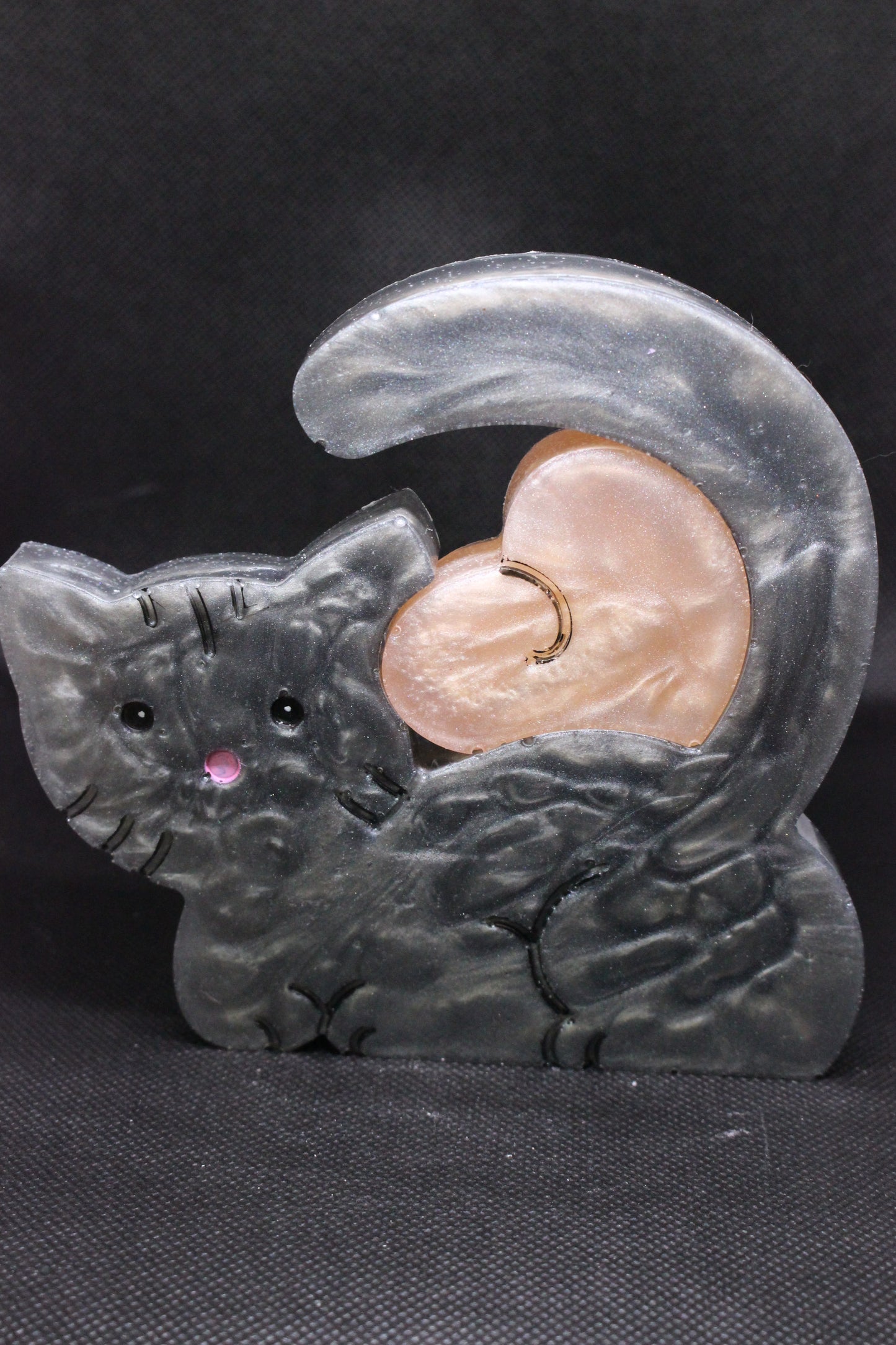 Gray Cat With Heart In Tail Handmade Resin Sculpture