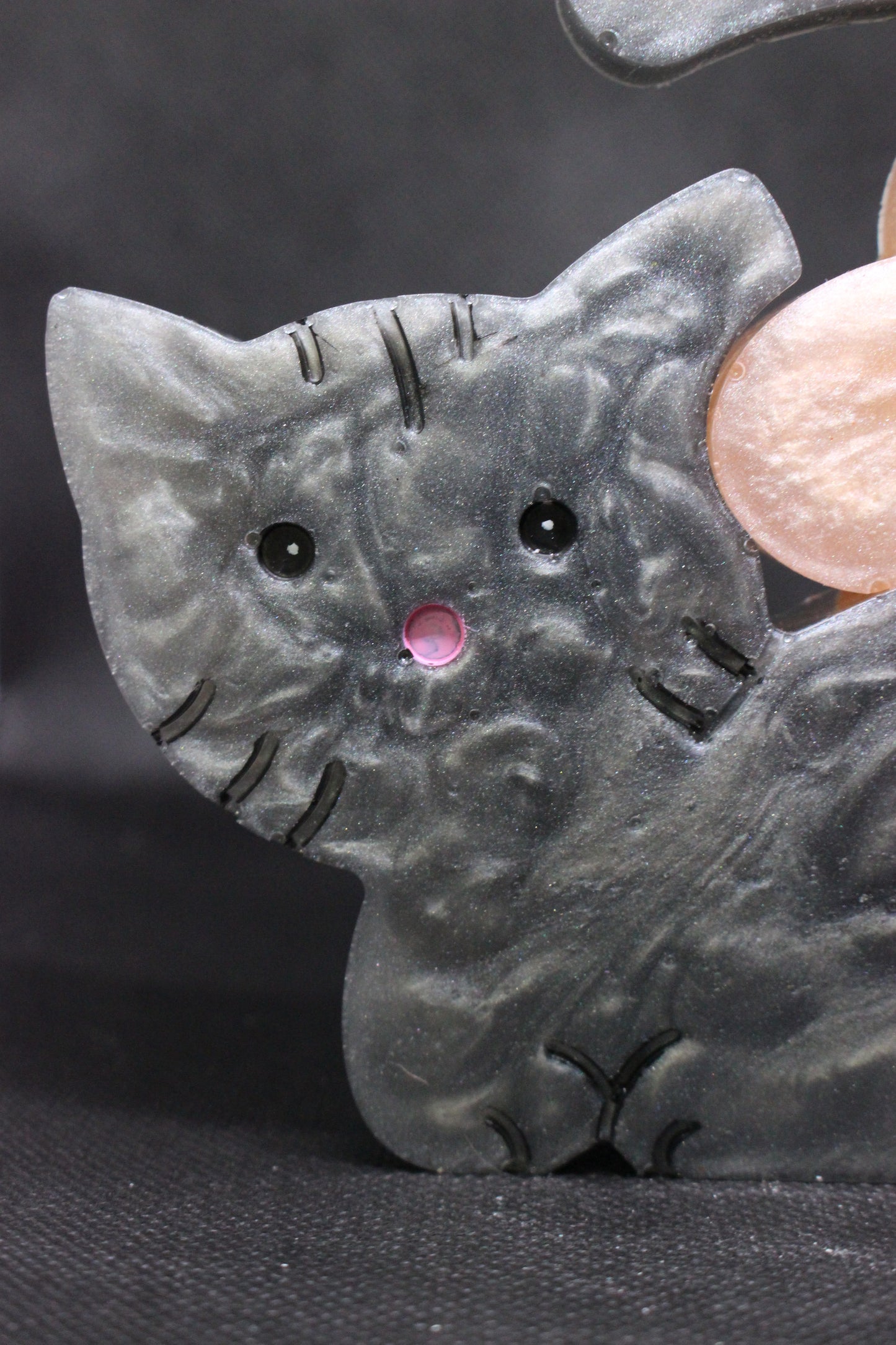 Gray Cat With Heart In Tail Handmade Resin Sculpture