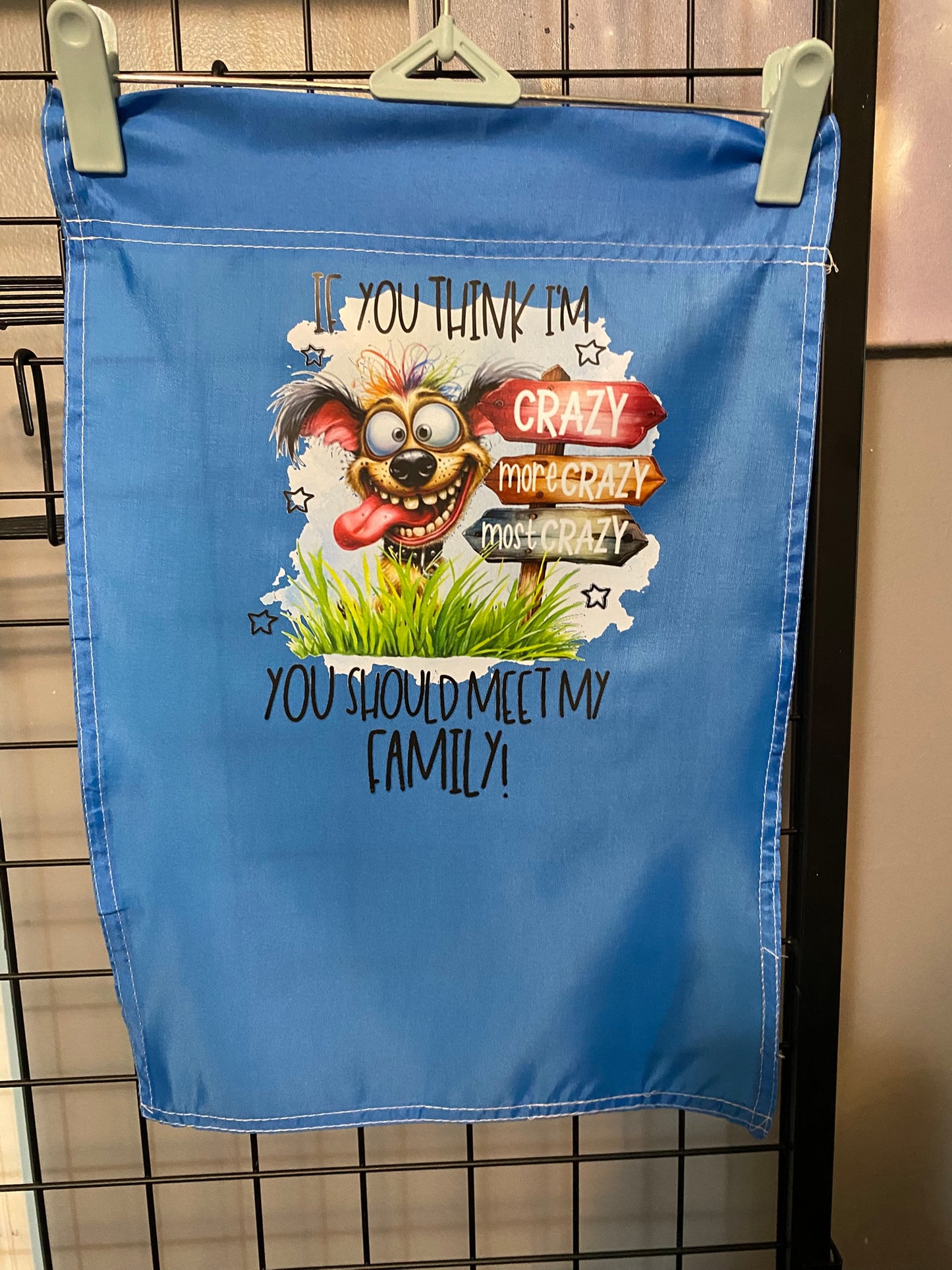 Bright and fun Think I'm Crazy Dog Garden Flag for Outdoor Decor Delight, perfect for pet lovers and garden charm.